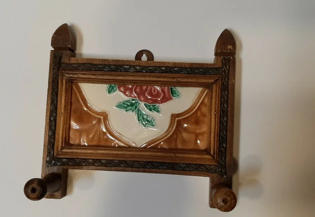 Victorian tile wood dog leash coat hat hooks holder rose flower antique 12