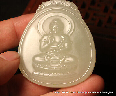 Chinese Royal Hetian White Old Jade Meditative Buddha Carving Pendant Amulet LZK