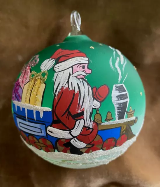 Hand Painted Ornament "Santa w/ Train" Blown Glass Ball w/ Glass Loop ~ Unsigned