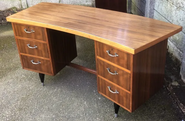 Superb Retro Walnut Bowfront Writing Desk Very Clean 2 Man Delivery