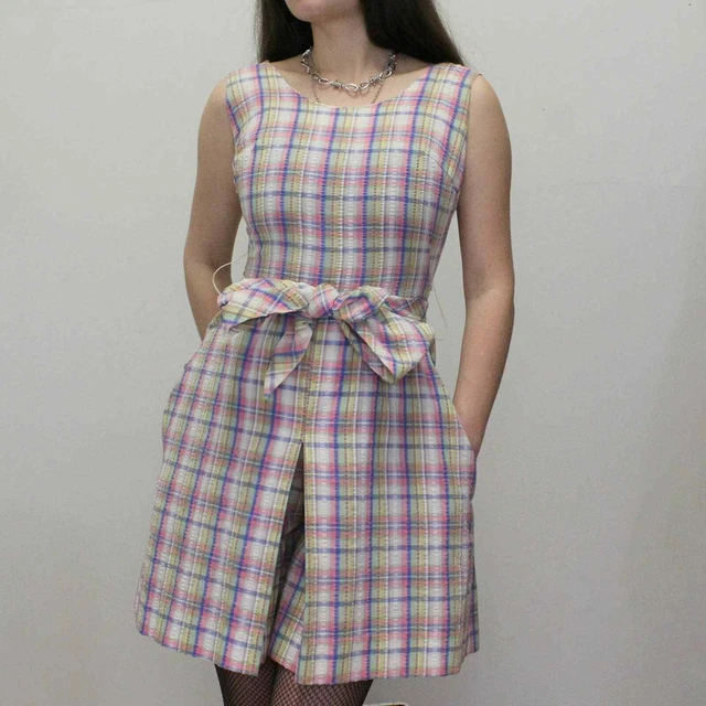 Vintage 60s Plaid Bow Playsuit by It's Majestic- Seersucker Plaid Skort Dress