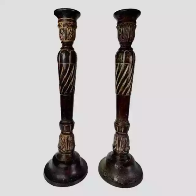 Bronzed Ornate Candlesticks Cast Iron Taper Candle Stick Holders Set Pair Velvet