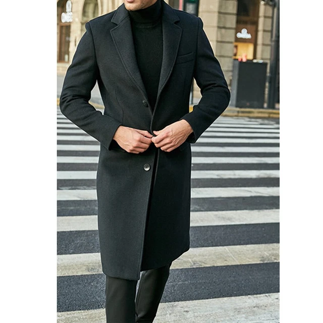 Mens Winter Trench Coat Long Jacket Lapel Neck Outwear Single Breasted Overcoat 6