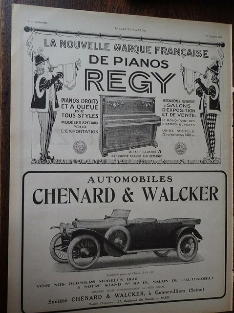 CHENARD & WALCKER torpédo 6 places + piano REGGY pub papier ILLUSTRATION 1919