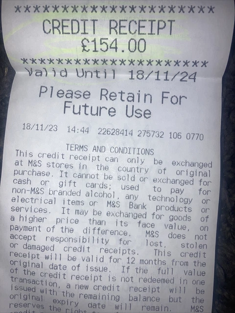 Marks And Spencer Credit Receipt (voucher) Worth £154