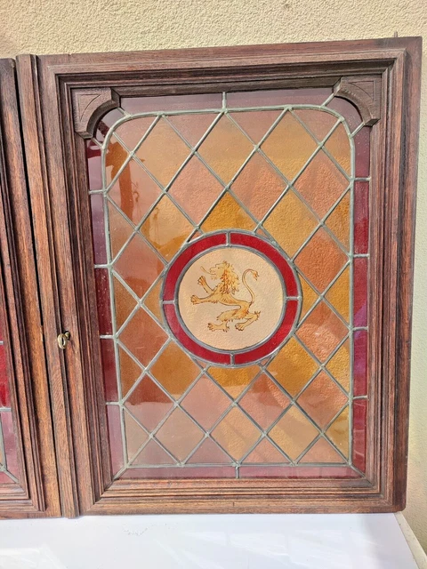 30" Pair French Antique Architectural Wood Walnut Panel Stained Glass Door Lion 2