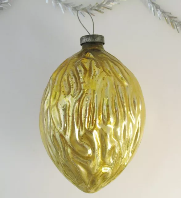 Big Glass Vintage Christmas Ornament Russian XMAS Decor USSR Gold Walnut Nut