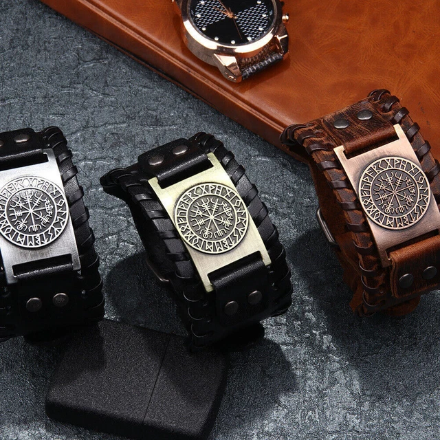 Men Viking Leather Bracelet Vegvisir Pirate Compass Runes Cuff Wristband Jewelry