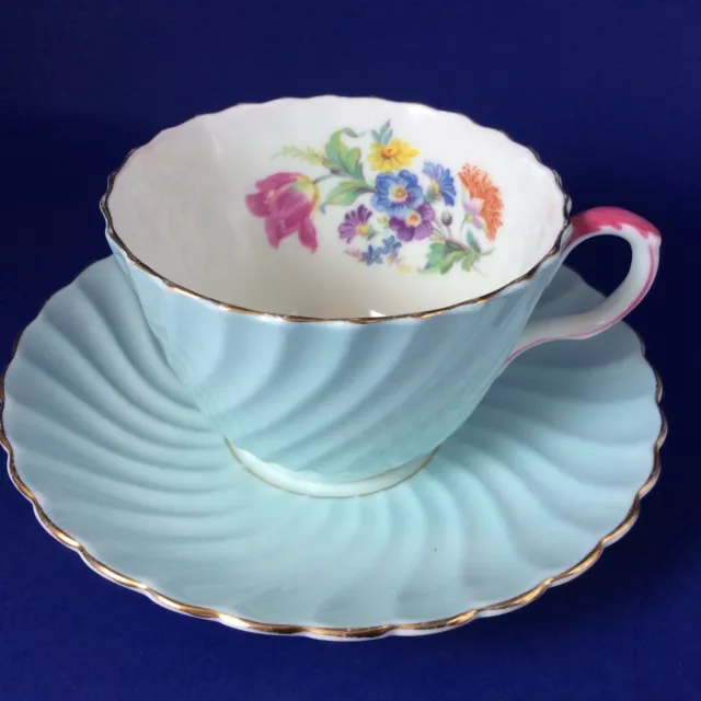 Aynsley Pink Tulip Floral Bouquet Swirl Light Blue Bone China Tea Cup And Saucer