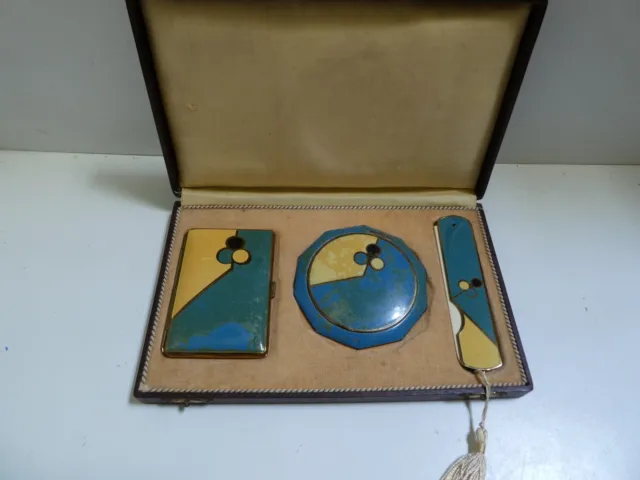 Art Deco Brass Enamel Painted Vanity Set Compact Folding Comb Cigarette Case