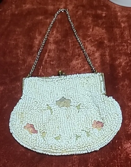 Antique Beaded Purse with Point de Beauvais Embroidery 4.25"Wx 4"L