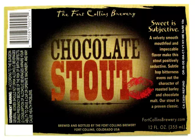 Fort Collins Brewery CHOCOLATE STOUT beer label CO 12 oz - no LOGO