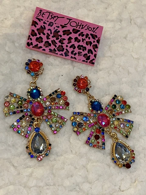 Betsey Johnson Multicolor Crystal Bow Rhinestone Dangle Earrings NWT
