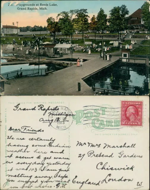 Playgrounds At Reeds Lake Grand Rapids Mich 1913 Cancel Will R Canaan