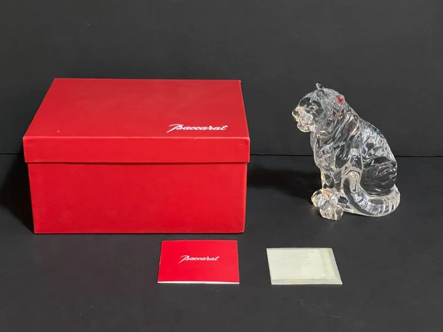 Baccarat France Clear Crystal Sitting Bengal Tiger Figurine Signed w/ Box
