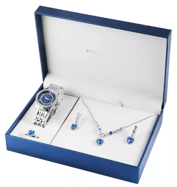Geschenkset Modeschmuck Edel Halskette Ohrringe Ring Armband Uhr Damen blau #2