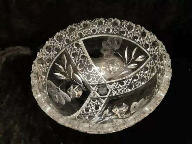 2 Large Vintage Bohemia Czech Hand Cut Crystal Diamond Cut Decor Basket & Bowl 3