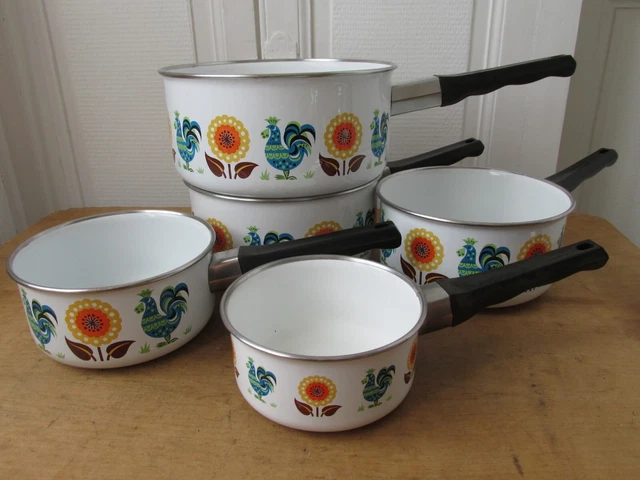 5 casseroles tôles émaillées anthracite poignée laiton des années 50/60