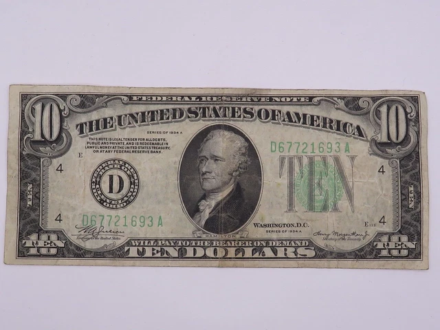 U.s. Federal Reserve 10 Dollar Green Seal Note Series Of 1934A ( D67721693 A )
