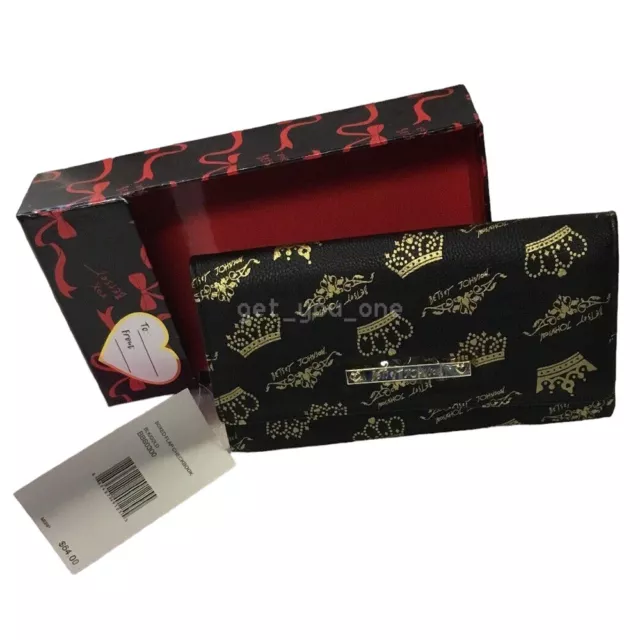 NWT Betsey Johnson Boxed Flap Checkbook Wallet Black Gold Crown Logos