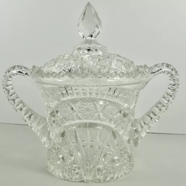 Antique Double Handled Pressed Glass Biscuit Cracker Jar With Lid & Finial