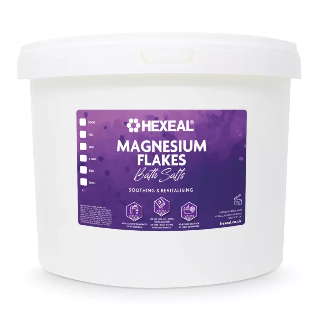 Hexeal MAGNESIUM FLAKES | 10kg Bucket | 100% Pure |Bath Soak| Magnesium Chloride