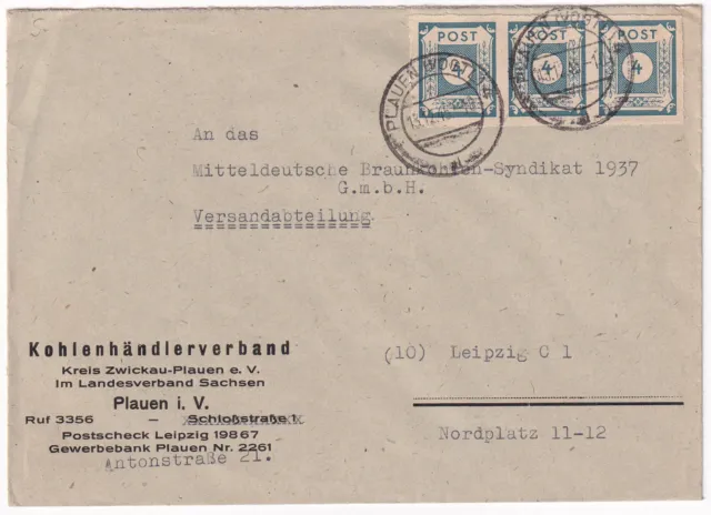 SBZ Sachsen Mi.Nr. 53 Dreierstreifen MeF auf Firmenbrief Plauen, 13.12.1945