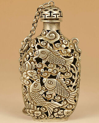 old tibetan silver hand carved hollow out fish lotus statue snuff bottle pendant