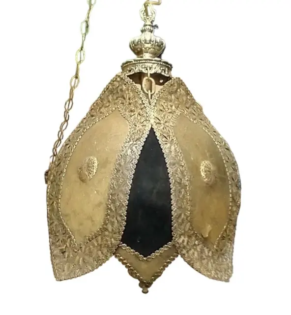 Vintage Midcentury Moroccan Arabesque Metal Filigree Black & Gold Hanging Lamp