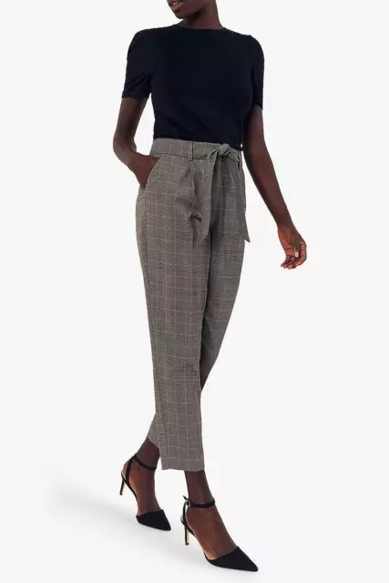 WAREHOUSE Ladies Grey Check Capri Taper Leg Trousers Tie Belt