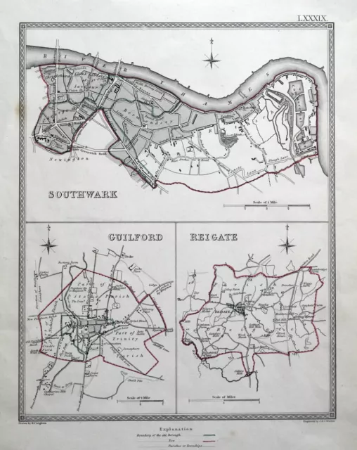 SOUTHWARK, LONDON, GUILDFORD, REIGATE, SURREY Town Plans, Lewis antique map 1835