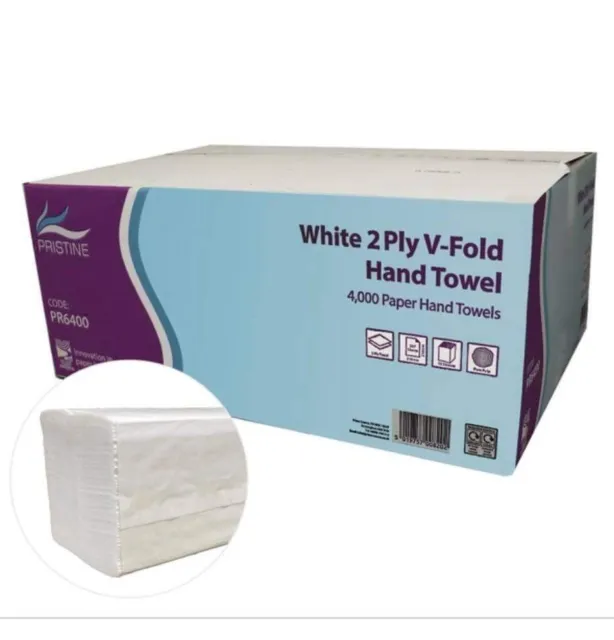 Full Box Pristine White V-Fold Paper Hand Towels 15 Sleeves 4,000 Sheets 2 ply