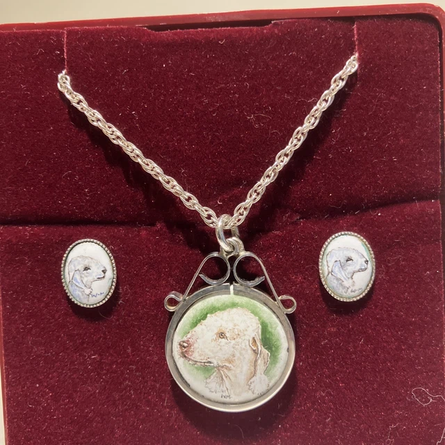 Vintage Silver Bedlington Terrier Necklace And Earrings Cameos Signed M W