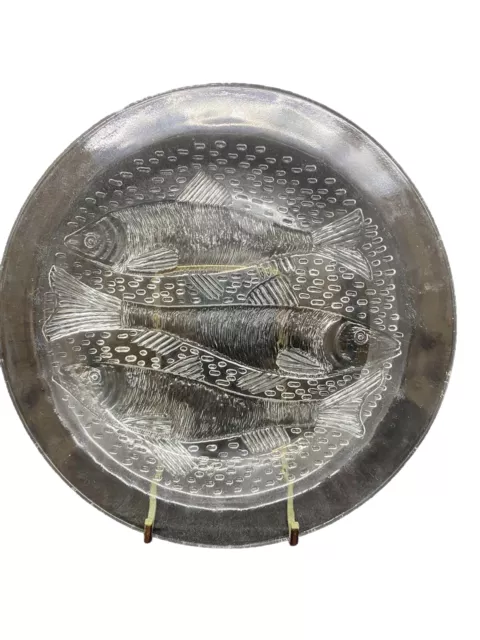 Art Glass Round Clear Embossed Textured Fish Serving Plates Set of 2