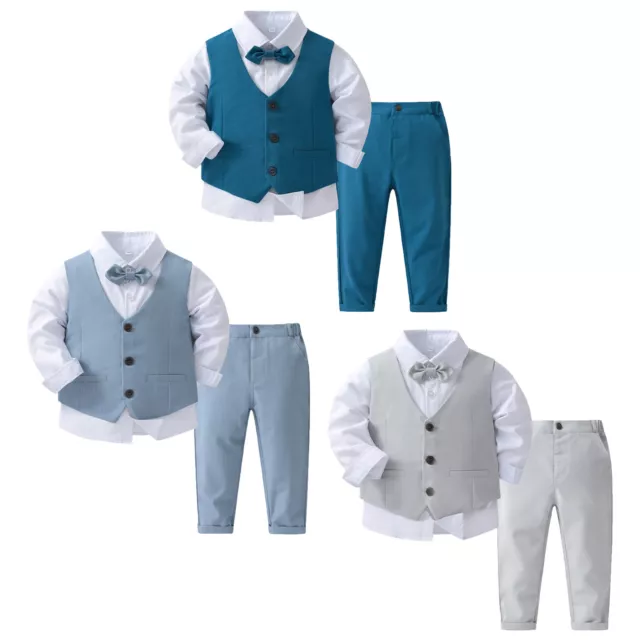 Boy 4PCS Formal Suit Long Sleeve Shirt Bowtie Vest Long Pants Set for Wedding