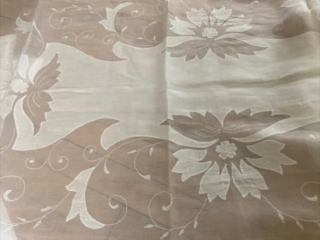 Vintage Handmade Applique White Tablecloth  63x102”