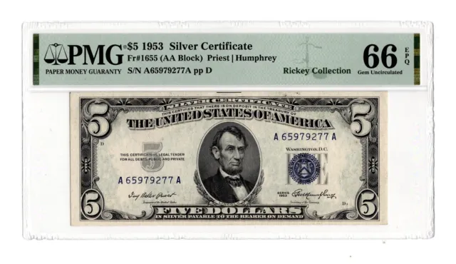 $5 1953 Silver Certificate Fr. 1655 Rickey Collection - PMG 66 EPQ
