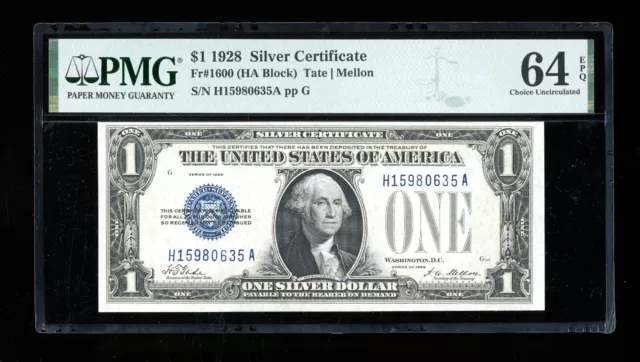 DBR 1928 $1 Silver Fr. 1600 HA Block PMG 64 EPQ Serial H15980635A