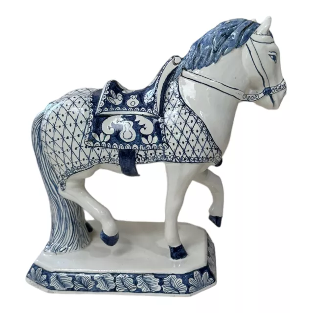 Italian Horse Statue Figurine Glazed Delft Style Blue White Signed EUC 8.5x9.5”