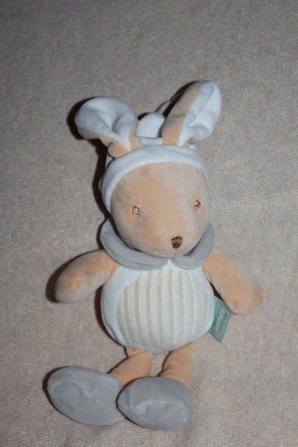 Doudou Peluche Mes Petits Cailloux Lapin Beige Gris Raye Blanc Bonnet Etat Neuf