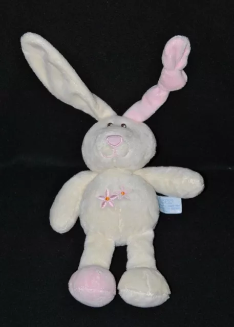 Peluche doudou lapin crème GIPSY rose fleurs 1 oreille nouée grelot 20/33cm NEUF