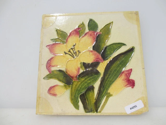 Antique Ceramic Tile Vintage Floral Art Nouveau Flowers Old Leaf 3