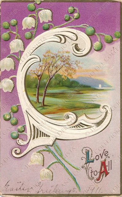 1911 Love to All Paesaggio floreale in RILIEVO Cartolina augurale