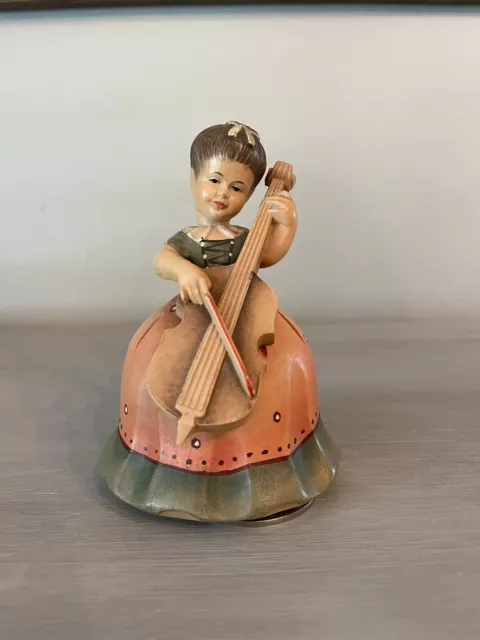 THORENS ANRI Wood Carved Rotating Music Box Plays Lara's Theme Girl with Cello