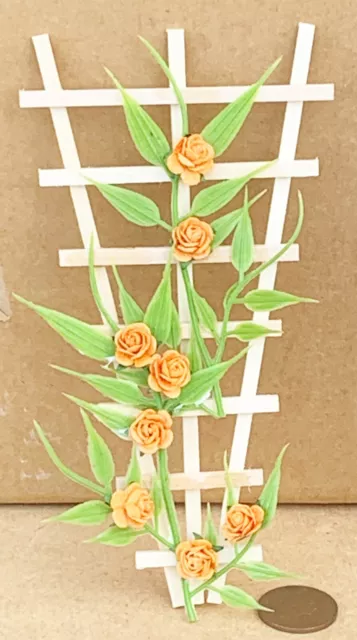 Orange Roses On A Natural Finish Wood Trellis Tumdee 1:12 Scale Dolls House