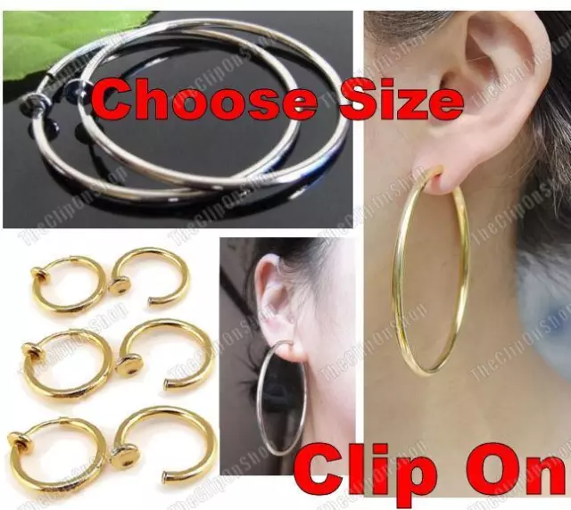 CLIP ON fake hoops GOLD/SILVER big,small,medium HOOP EARRINGS look like pierced!