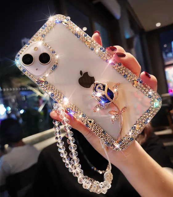 Luxury Bling Sparkly Blue Rose Soft Women Case Phone Cover With Crystals Lanyard