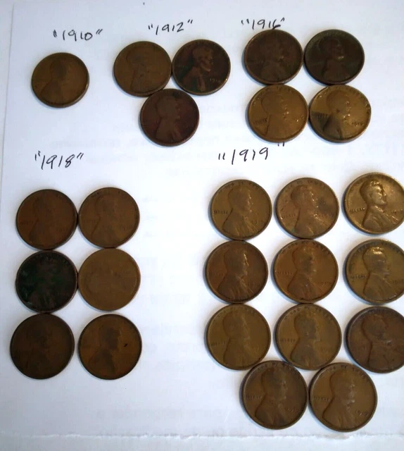 25~ Lincoln Wheat Penny Cent  Lot~1910(1)  1912(3)  1916(4)  1918(6)  1919(11)