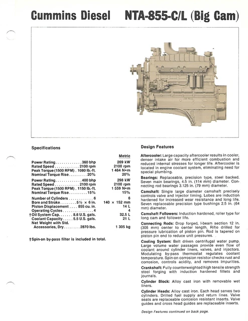 ENGINE DATA SHEET - Cummins - NTA-855-C/L Big Cam Diesel - Brochure ...