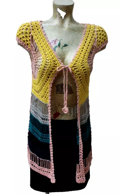VINTAGE BOHO HIPPIE Colorful Loose Crocheted Tie Vest - Small $19.95 ...